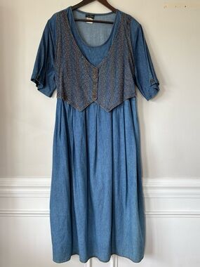 Vintage AS Elliot Denim Dress W/ Vest 20W Prairie Cottagecore 90s USA Made Read